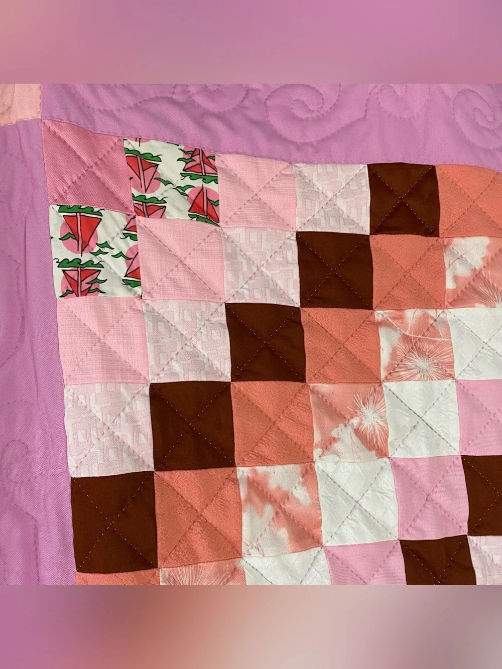 Vintage Polyester Jacob's Ladder Pink Brown Quilt 76